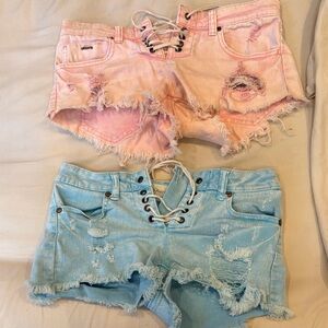 Distressed Lace-Up Pink and Blue Denim Shorts